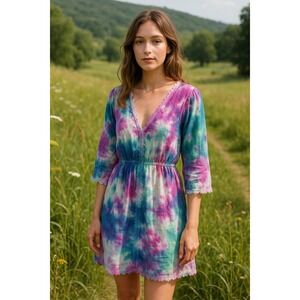 Italian Linen Tie Dye‎ Lace Trim Boho Peasant Dress Multicolor Made in Italy M